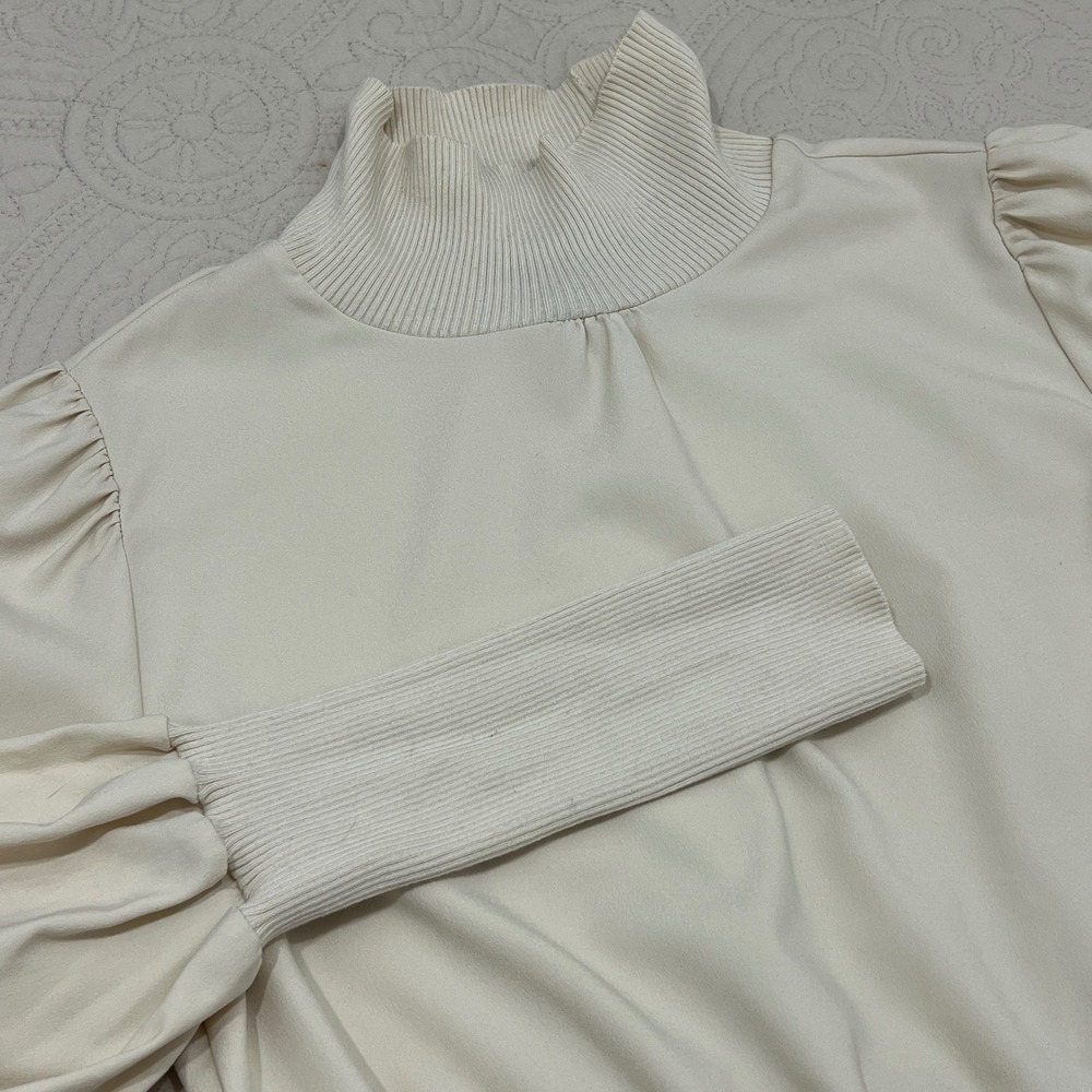 French Connection Cream Mock Neck Puff Sleeve Ribbed Knit Trim‎ Top Small